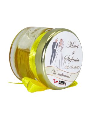 Marturii dulci cu miere, model handmade Iubire – galben, borcan 30 gr – DSBC1640