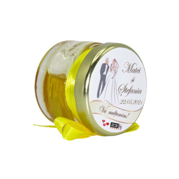 Marturii dulci cu miere, model handmade Iubire - galben, borcan 30 gr - DSBC1640
