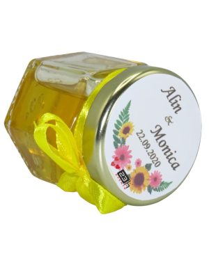 Marturii dulci cu miere, model handmade Iubire – galben, borcan 50 gr – DSBC1654