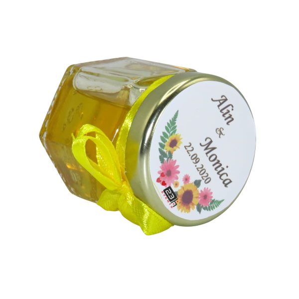 Marturii dulci cu miere, model handmade Iubire - galben, borcan 50 gr - DSBC1654