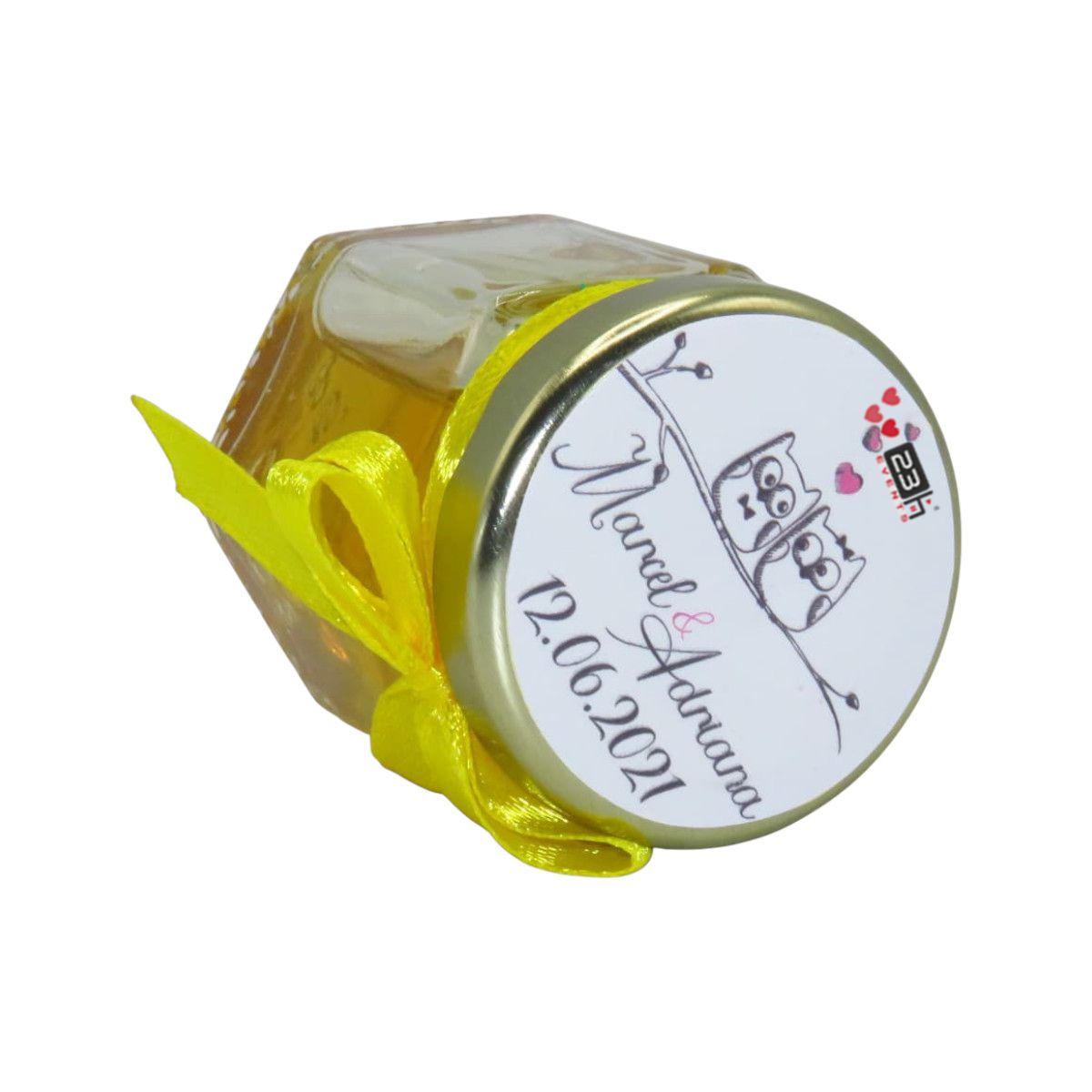 Marturii dulci cu miere model handmade Iubire galben borcan 50 gr DSBC1656