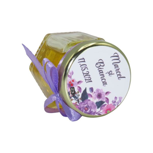 Marturii dulci cu miere, model handmade Iubire - lila, borcan 50 gr - DSBC1658