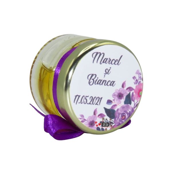 Marturii dulci cu miere, model handmade Iubire - mov, borcan 30 gr - DSBC1661