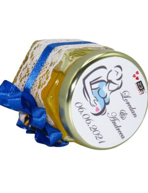 Marturii dulci cu miere, model handmade Rafinament – albastru, borcan 50 gr – DSBC1655