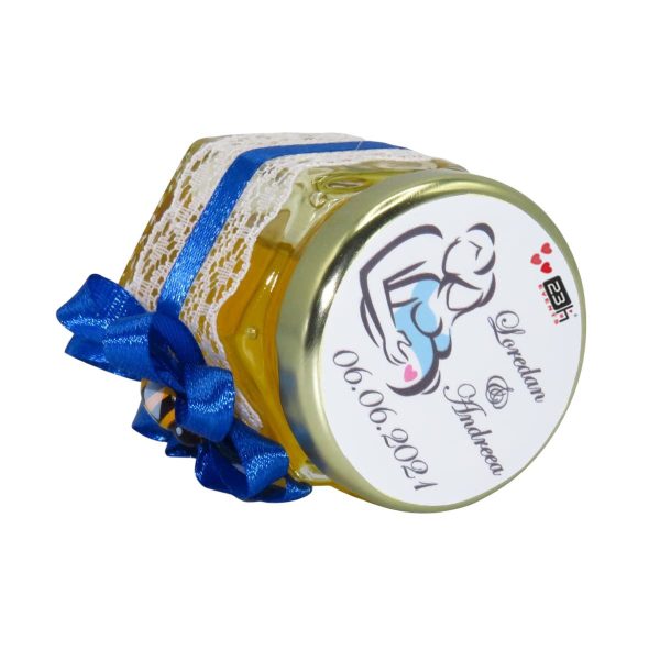 Marturii dulci cu miere, model handmade Rafinament - albastru, borcan 50 gr - DSBC1655