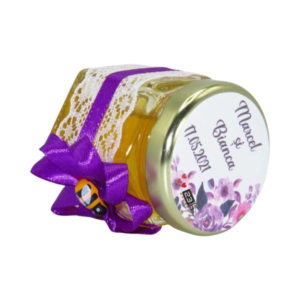 Marturii dulci cu miere, model handmade Rafinament - mov, borcan 50 gr - DSBC16148