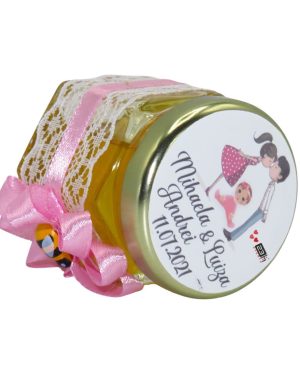 Marturii dulci cu miere, model handmade Rafinament – roz, borcan 50 gr – DSBC1667