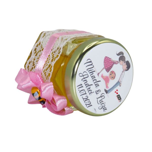 Marturii dulci cu miere, model handmade Rafinament - roz, borcan 50 gr - DSBC1667
