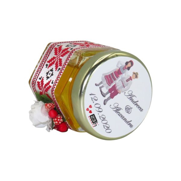 Marturii dulci cu miere, model handmade Traditional - rosu, borcan 50 gr - DSBC1651