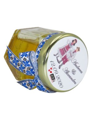 Marturii dulci cu miere, model handmade Voie buna - traditional albastru, borcan 50 gr - DSBC1645