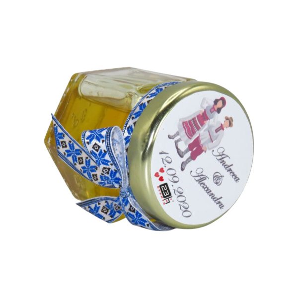 Marturii dulci cu miere, model handmade Voie buna - traditional albastru, borcan 50 gr - DSBC1645