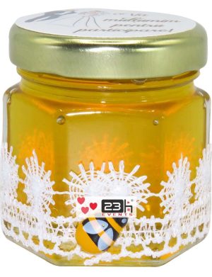 Marturii dulci cu miere, model handmade Dorinta – alb, borcan 50 gr – DSBC1625