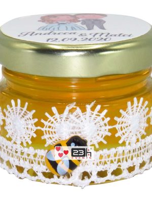 Marturii dulci cu miere, model handmade Dorinta – alb, borcan 30 gr – DSBC1638