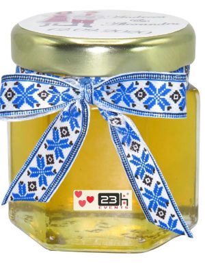 Marturii dulci cu miere, model handmade Voie buna – traditional albastru, borcan 50 gr – DSBC1645