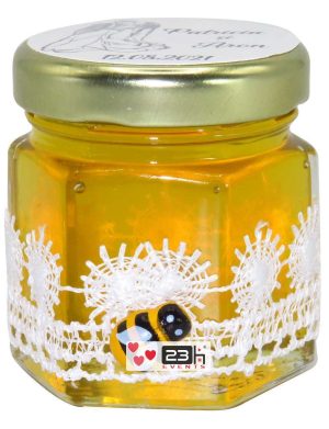 Marturii dulci cu miere, model handmade Dorinta – alb, borcan 50 gr – DSBC1650