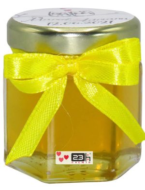 Marturii dulci cu miere, model handmade Iubire – galben, borcan 50 gr – DSBC1656