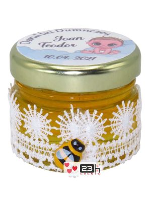 Marturii dulci cu miere, model handmade „Dorinta” – alb, borcan 30 gr – DSBC1921