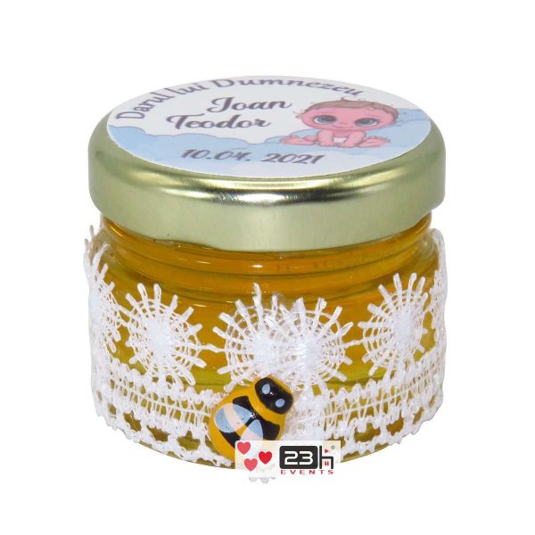 Marturii dulci cu miere, model handmade „Dorinta” – alb, borcan 30 gr – DSBC1921