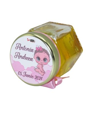 Marturii dulci cu miere, model handmade Iubire – roz, borcan 50 gr – DSBC1698