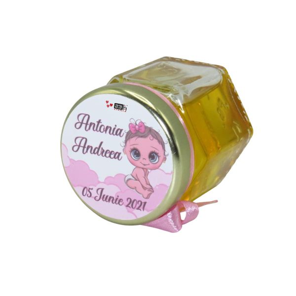 Marturii dulci cu miere, model handmade Iubire - roz, borcan 50 gr - DSBC1698