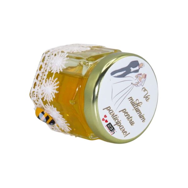 Marturii dulci cu miere, model handmade Dorinta - alb, borcan 50 gr - SDSBC1625