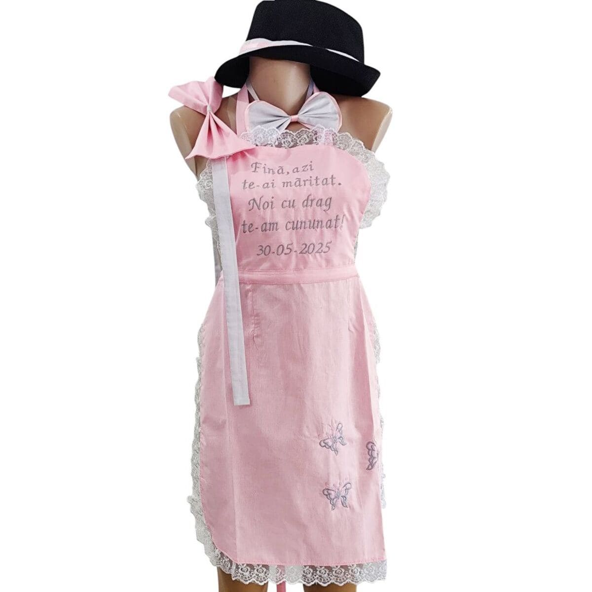 Set dezgatit mireasa 4 piese, model roz cu fluturasi Personalizat, palarie neagra si fundita ODIS181 (1)