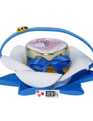 Marturii dulci cu miere, model handmade Bondarel – albastru, borcan 30 gr – DSBC196