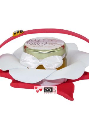 Marturii dulci cu miere, model handmade Bondarel – rosu alb, borcan 30 gr – DSBC1914