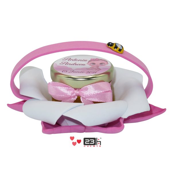 Marturii dulci cu miere, model handmade Bondarel - roz, borcan 30 gr - DSBC198