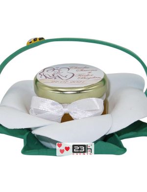 Marturii dulci cu miere, model handmade Bondarel – verde alb, borcan 30 gr – DSBC1910