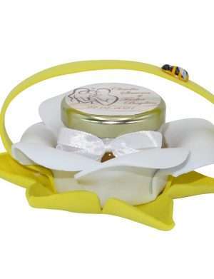 Marturii dulci cu miere, model handmade Bondarel – galben alb, borcan 30 gr – DSBC1912