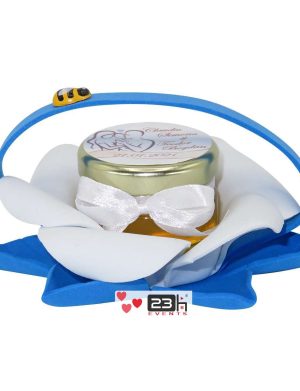 Marturii dulci cu miere, model handmade Bondarel  albastru alb, borcan 30 gr – DSBC1913
