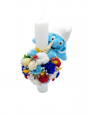 Lumanare botez Smurf ornata cu flori uscate si trandafiri de sapun bleu, ARBC1410