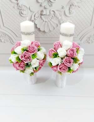 Lumanari cununie decorate cu flori de sapun roz & albi, ARBC1109