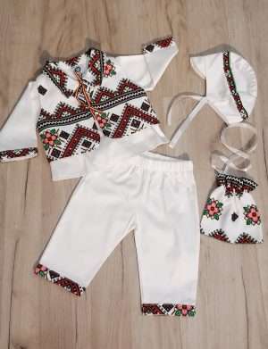 Costumas botez baietel, model cu motive traditionale & pantalonasi albi – ODIS201001