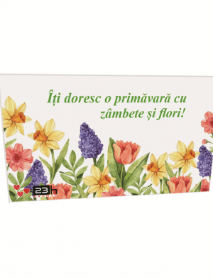 Martisor Floral, Primavara cu zambete si flori, din lemn cu magnet, 80x45mm, set de 6 – ILIF202058