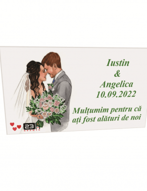 Marturie nunta personalizata, tema verde, din placaj lemn 80x45mm cu magnet, ILIF201025
