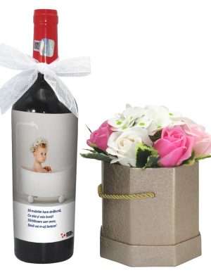 Cadou Cerere Nasi Botez- sticla vin personalizata & aranjament flori, ILIF203073