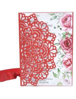 Invitatie nunta cu model floral, 10,5×14,5 cm, rosu – DSBC203004