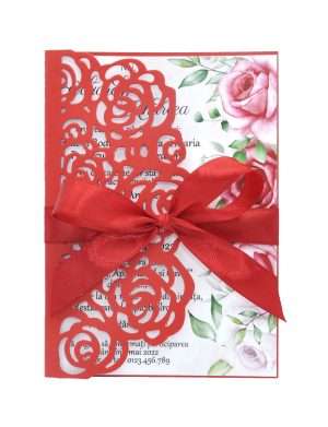 Invitatie nunta cu model floral, 10,5×14,5 cm, rosu – DSBC203005