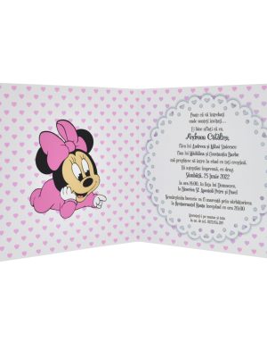 Invitatie botez tip Carte, plic personalizat inclus, Baby Minnie, roz – MIBC203031