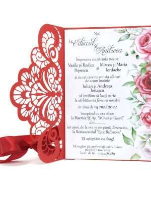 Invitatie nunta model Dantelat, 10,5×14,5 cm, rosu – MIBC203006