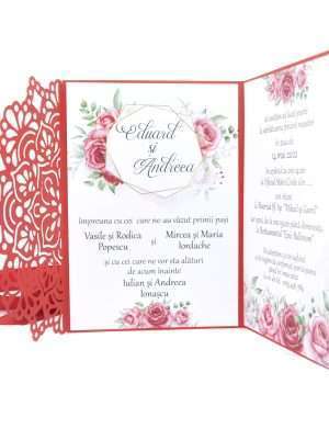 Invitatie nunta tip carte, cu model floral, rosu – DSBC203009