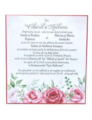 Invitatie nunta cu model floral, 12,5×14,5 cm, rosu – DSBC203010
