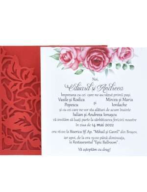 Invitatie nunta cu model deosebit trandafir, 12,7×12,7 cm, rosu – DSBC203011