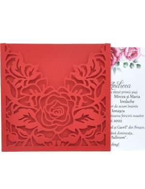Invitatie nunta cu plic model Trandafir, 12,7×12,7 cm, rosu – MIBC203011