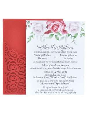 Invitatie nunta cu model deosebit cu trandafir, 11×14 cm, rosu – DSBC203013
