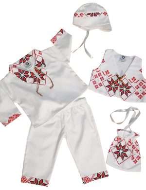 Costumas botez baietel, model alb-rosu, cu motive traditionale – ODIS201003