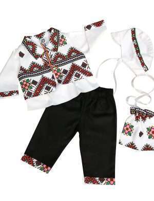 Costumas botez baietel, model cu motive traditionale & pantalonasi negri- ODIS201002