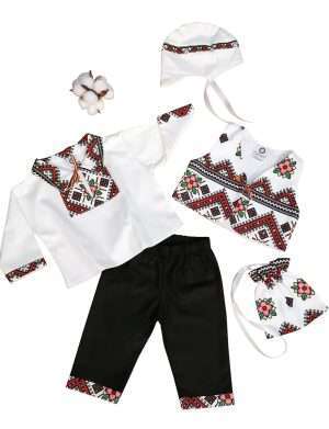 Costumas botez baietel, model cu motive traditionale & pantalonasi negri- ODIS201002